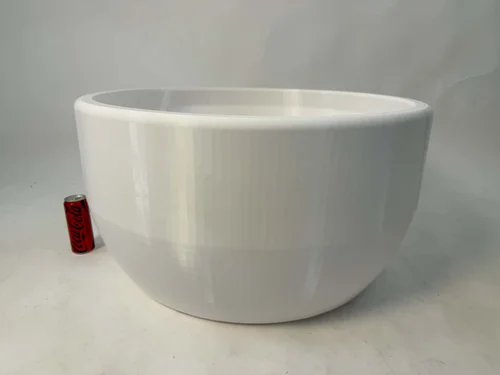 780 mm wide large format 3D printed white planter bowl in glossy PLA, photographed with a soda can for scale